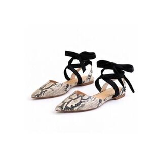 Schutz Barbrah Snake Print Lace Up Ankle Tie Pointed Toe Flat Natural Black 7.5B